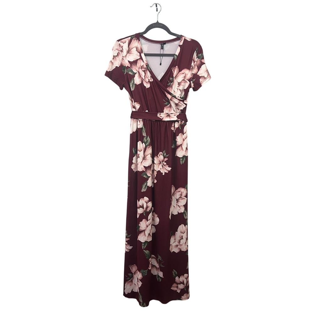 Burgundy Floral Maxi Wrap Dress Womens‎ Small V-Neck Short Sleeves